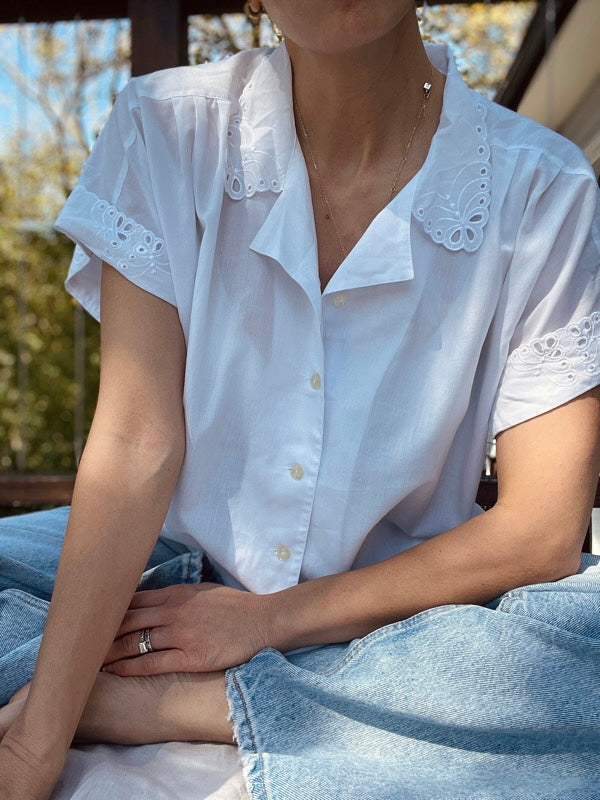 Vintage White Cotton Short-Sleeved Blouse - Main Image
