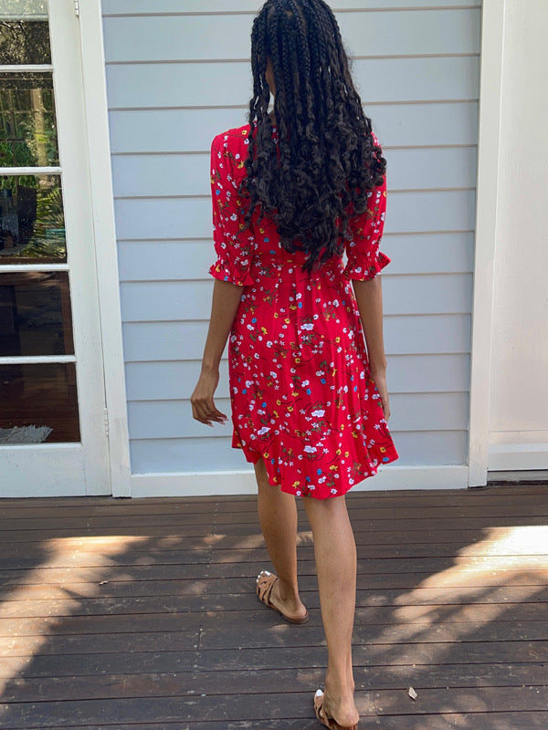 Cara Red Floral Short Wrap Dress - B Corp - All The Wild Rose All The Wild Roses Cara Red Floral Short Wrap Dress - B Corp - All The Wild Rose All The Wild Roses