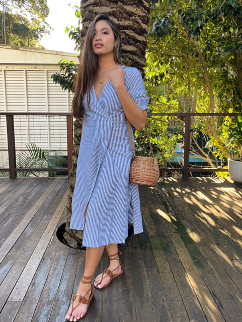 Lia Indigo Stripe Linen Wrap Dress - Main Image