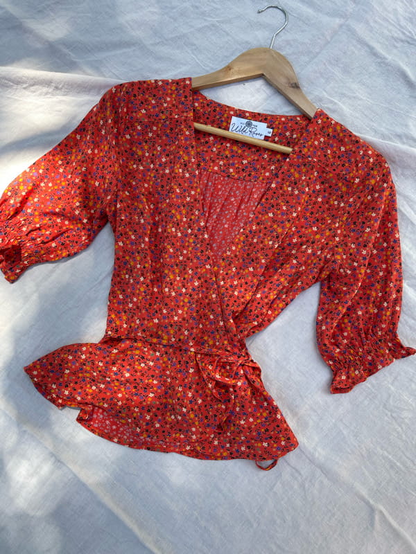 Lia Red Silk Wrap Blouse - Sustainable Style - All The Wild Roses