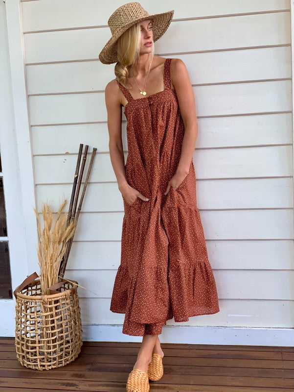 Arabella Terracotta Vintage Print Cotton Dress