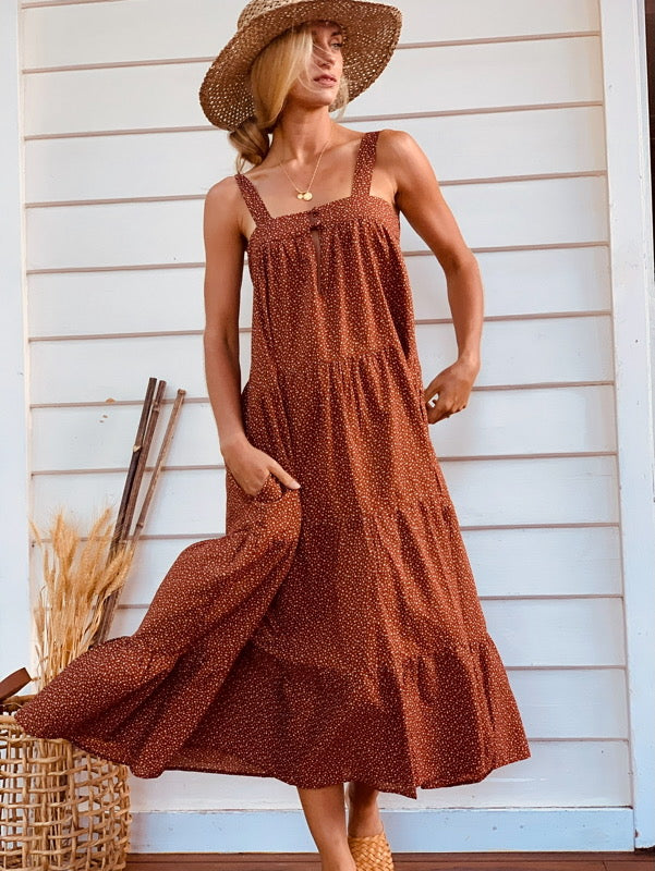 Arabella Terracotta Vintage Print Cotton Dress