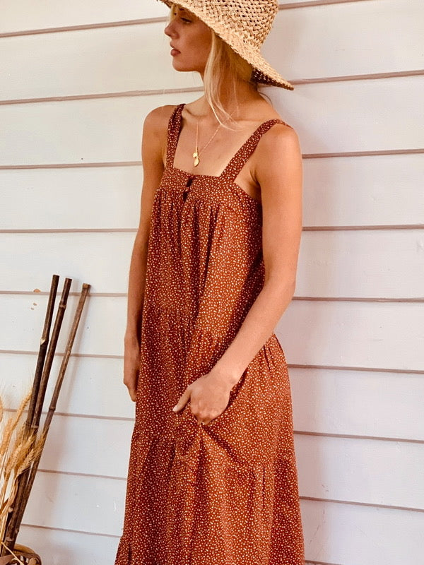 Arabella Terracotta Vintage Print Cotton Dress