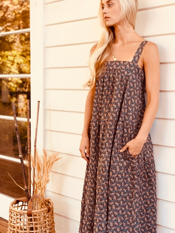 Arabella Vintage Black Floral Cotton Dress