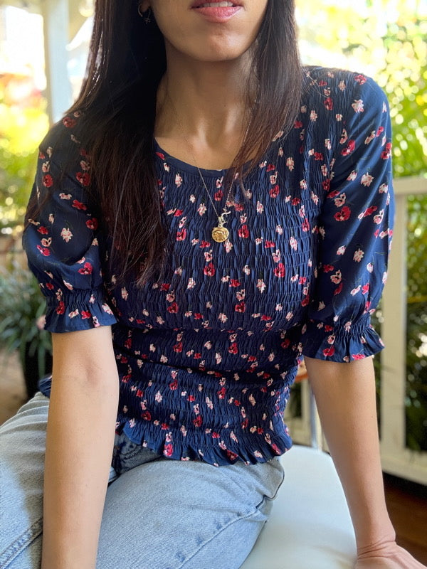 Christy Black Print Smocked Short Sleeve Top
