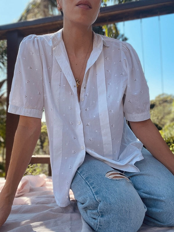 Vintage White Eyelet Cotton Short-Sleeved Blouse