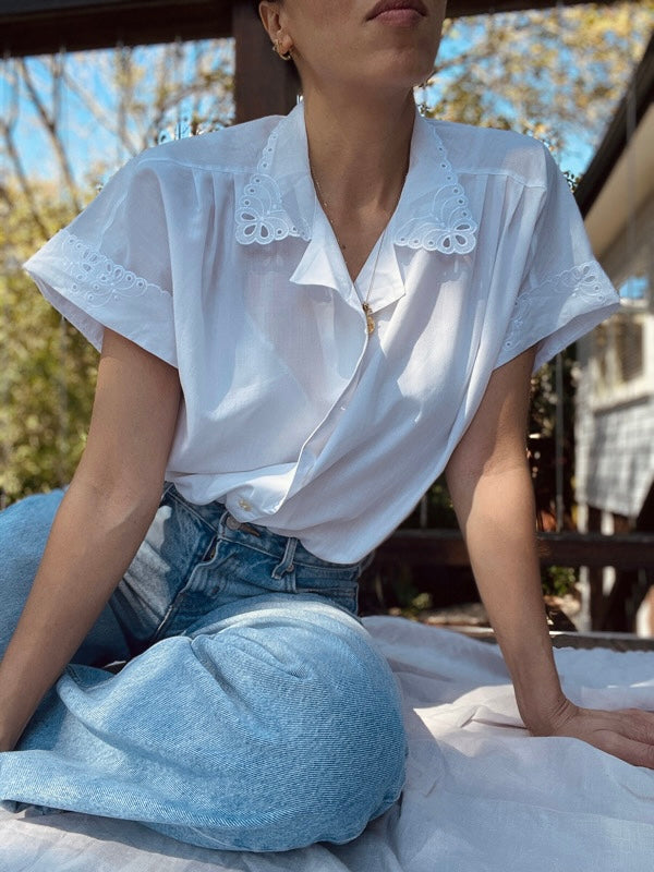 Vintage White Cotton Short-Sleeved Blouse
