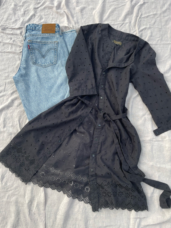 Vintage Black Cotton Lace Shirt Dress