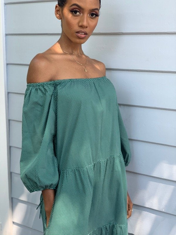 green polka dot off shoulder dress Breezaya Green Polka Dot Dress Women Maxi Summer Party Off Shoulder Ruffle Hem Spaghetti Strap Cold Shoulder Slit A-Line Boho Elegant Beach,M