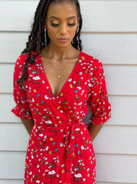 Cara Red Floral Short Wrap Dress