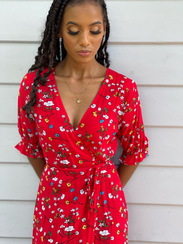 Cara Red Floral Short Wrap Dress - B Corp Cara Red Floral Short Wrap Dress - B Corp