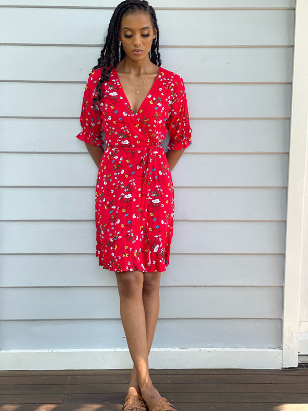 red floral wrap dress short sleeve WOMEN'S SHORT SLEEVE V-NECK WRAP FLORAL MAXI DRESS