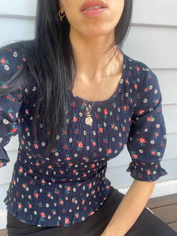 Christy Black Print Smocked Short Sleeve Top