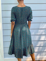 Christy Blue Print Midi Dress with shirred bodice