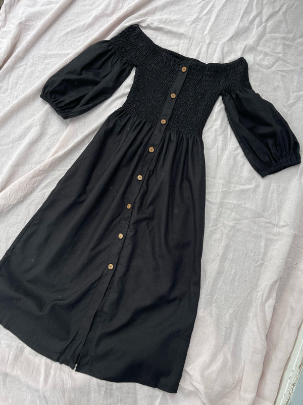 Elly Black Linen Off-Shoulder Dress