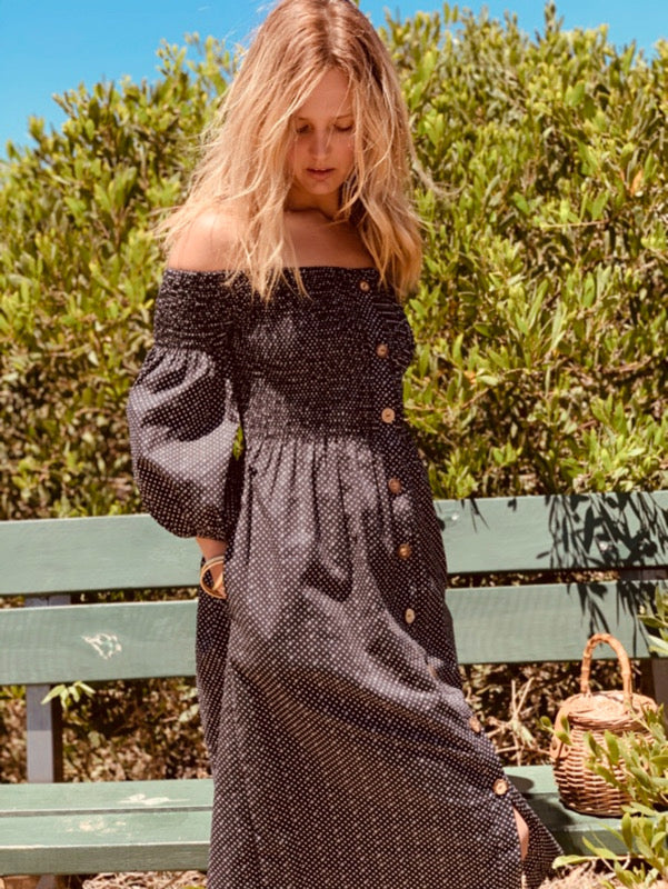 Elly Black Linen Off-Shoulder Dress