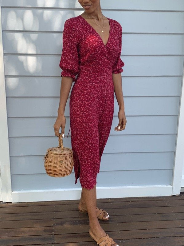 Lia red vintage floral cotton wrap dress-6
