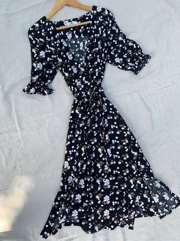 Lia Black Print Midi Wrap Dress