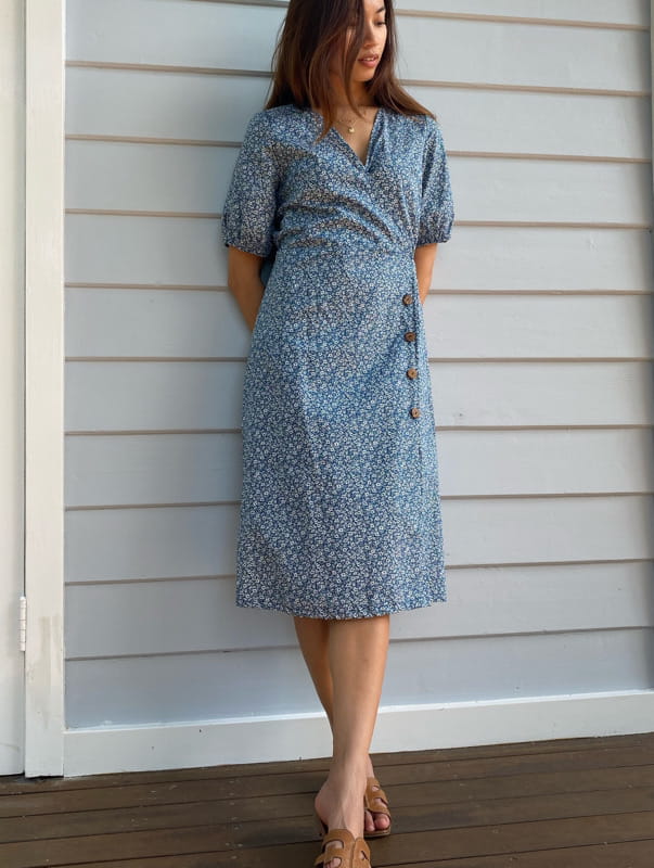Lila Blue Floral Cotton Wrap Dress