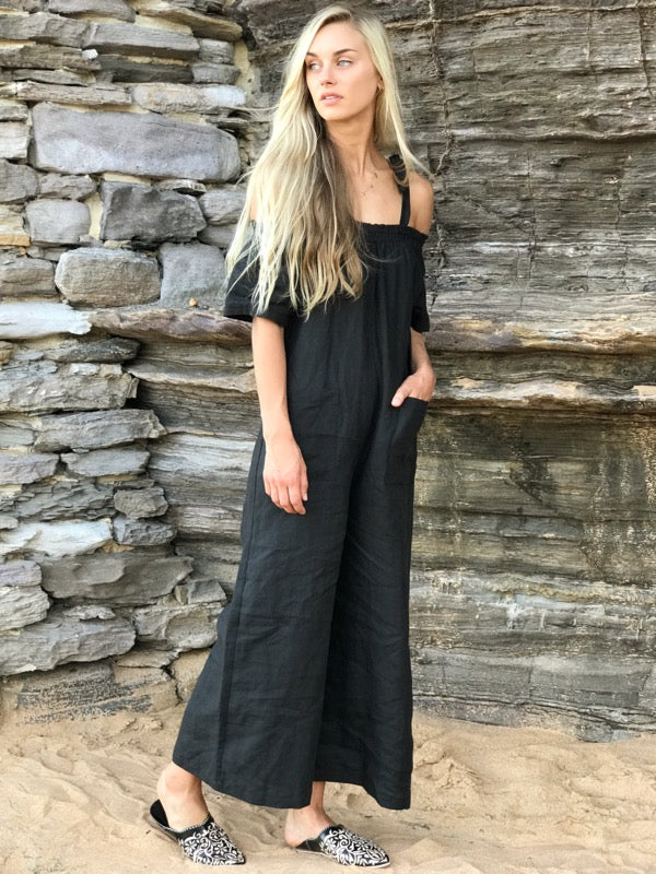 Tia Black Linen Jumpsuit