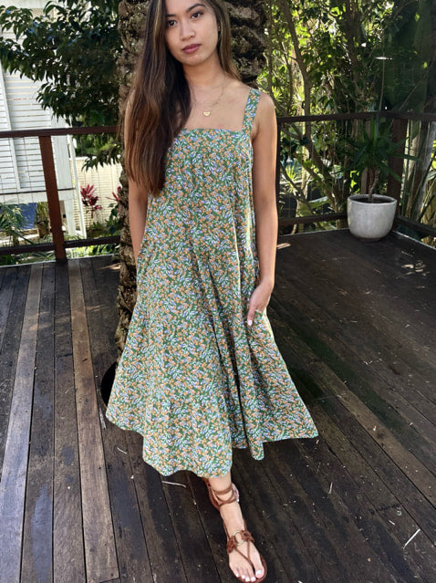 Arabella Green Vintage Floral Cotton Dress